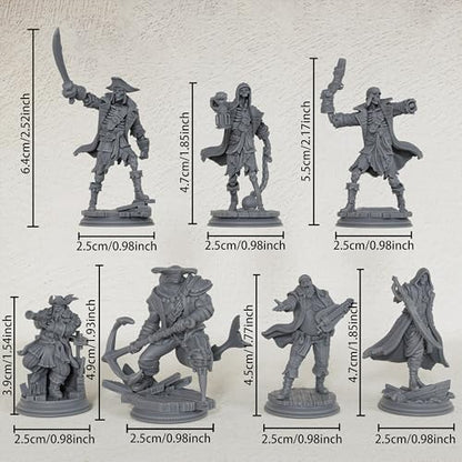 AUSPDICE 28mm DND Minis Fantasy Tabletop RPG Miniatures, Pirate Crew AS800 | 7 Pirate Figures for Dungeon Masters: Skeleton Crew, Shark Warrior, Lookout, Musician and Hooded Rogue for Wargame Adventures