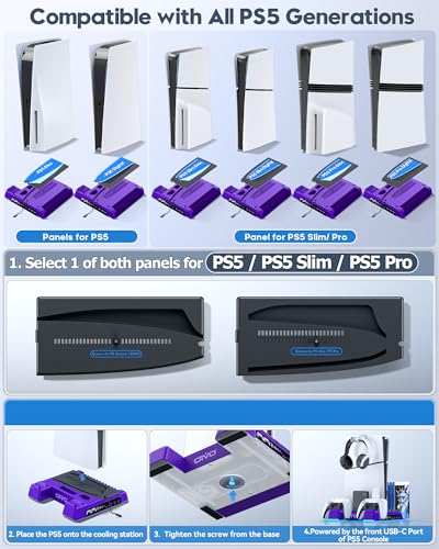 PS5/Slim/Pro Stand and Cooling Station with LED Controller Charging Station for PlayStation 5 Console, Controller Charger, Cooling Stand, PS5/Slim/Pro Skin Accessories Kit with 3 Level Cooler Fan - color: Purple