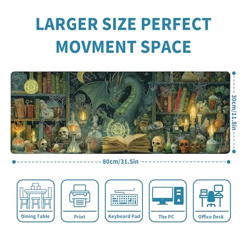 Dark Dragon Mouse Pad Desk Mat XL Extended Large Gaming Desk Pad Mousepad, Mysterious Library Computer Laptop Keyboard and Mouse Mat, Desktop Protector Mat for Office and Home 31.5x11.8 in - color: Dragon