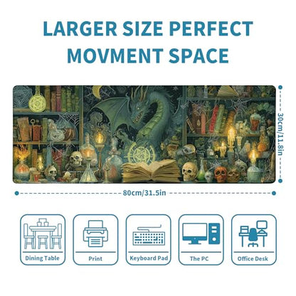Dark Dragon Mouse Pad Desk Mat XL Extended Large Gaming Desk Pad Mousepad, Mysterious Library Computer Laptop Keyboard and Mouse Mat, Desktop Protector Mat for Office and Home 31.5x11.8 in - color: Dragon