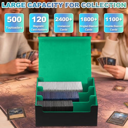 Trading Card Storage Box, Holds 1800 Sleeved Card, PU Magnetic Closure | 200 Toploaders and 600 Penny Sleeves INCLUDED, 10 Dividers and 6 Foam Stoppers INCLUDED, Fit for MTG, TCG and Sports Cards - color: Black and Green