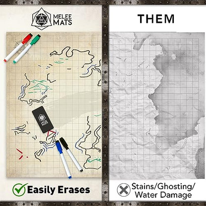 Melee Mats DND Map Starter Set - 23” x 27" Double Sided, Wet & Dry Erase Battle Terrain Grid for Dungeons and Dragons - Tabletop Board Gaming Kit with Accessories