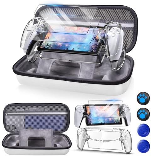 Auarte 12 in 1 Accessories Set for Playstation Portal Remote Player | Hard Carrying Case for PS Portal with Clear Skin Case for PS5 Portal, 2 Screen Protector with 4 Thumb Grip - color: Pearl White