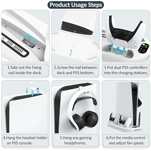 Gaming Console Vertical Stand with Dual Fast Charging Station & 3-Level Cooling Fan for PS5 Slim Digital & Disc Versions