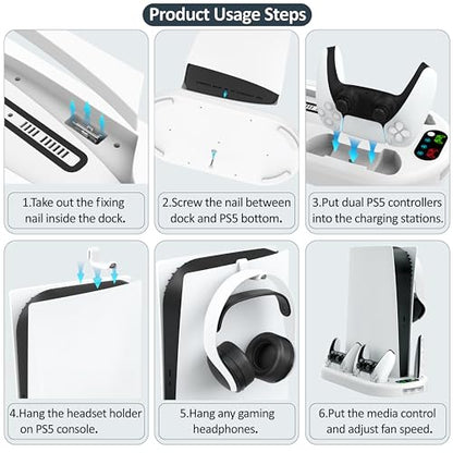 Gaming Console Vertical Stand with Dual Fast Charging Station & 3-Level Cooling Fan for PS5 Slim Digital & Disc Versions