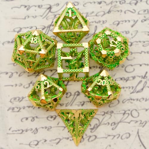 DND Dice,HNCCESG Metal D&D Dice of 7pc,Dungeons and Dragons Dice Set Polyhedral Dice Role Playing Dice Set Hollow Dice Gaming D D Gift for Table Game RPG Shadowrun (Gilt Green) - color: Gilt Green