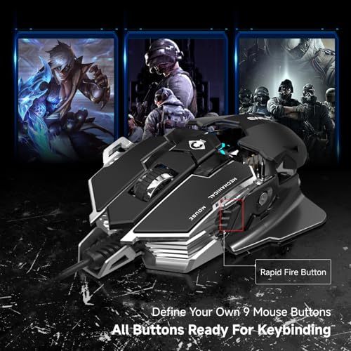 EWEADN G5 Wired Gaming Mouse with Adjustable Tail, 12800 DPI Programmable Computer Mouse with RGB Backlit, 9 Macro Buttons, Rapid Fire Key & Aluminum Base Ergonomic PC Mice for Laptop, PC-Black&White - color: Black