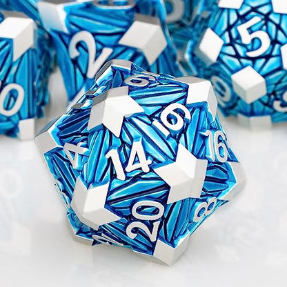7PCS Metal DND Dice Set with Box, Debris RPG Blue D and D Dice for use with D&D Tabletop Games Role Playing Game Polyhedral Dice Set D20 D12 D10 D8 D6 D4 - color: Silver Blue