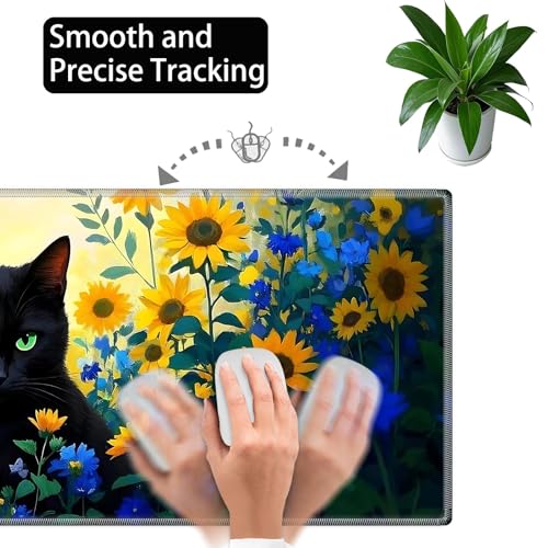 Large Gaming Mouse Pad Set with Wrist Support – 31.5" x 11.8" 4-in-1 XXL Mousepad with Keyboard Wrist Rest, Mouse Wrist Rest & Coaster – Ergonomic Desk Mat for Office, Home – Black Cat Flower - color: Black Cat Flower