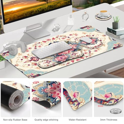 Gaming Mouse Pad, Large Desk Mat Cute Desk Pad Protector, 4in1 XXL Mousepad | + Keyboard Wrist Rest+Mouse Wrist Rest+Coaster Set with Ergonomic Desk Pad for Home Office Computer, Retro Style Pattern - color: Retro Style Pattern