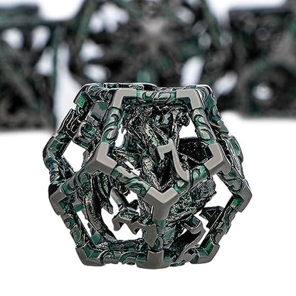 ARUOHHA Hollow DND Dice Set Black Green 5-Headed Dragons D and D Dice with Gift Box, RPG Role Playing Games 7PCS Metal Dungeons Polyhedral Dice Set D20 D12 D10 D8 D6 D4 - color: Black Green-02