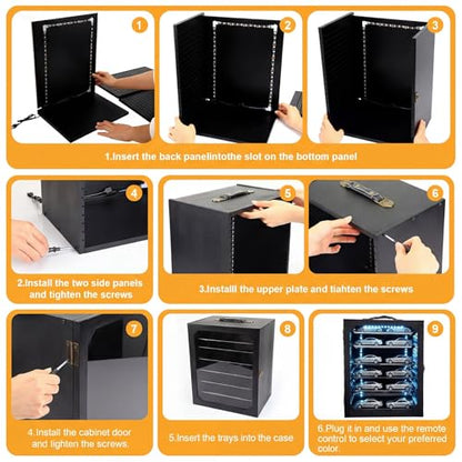 AceOrbit Miniature Storage Carrying Case for Collectibles with LED Light Strip, 6 Trays and Lock Wooden Miniatures Display Case Transport Shelves with Handle for Action Figure Model Collectibles Black
