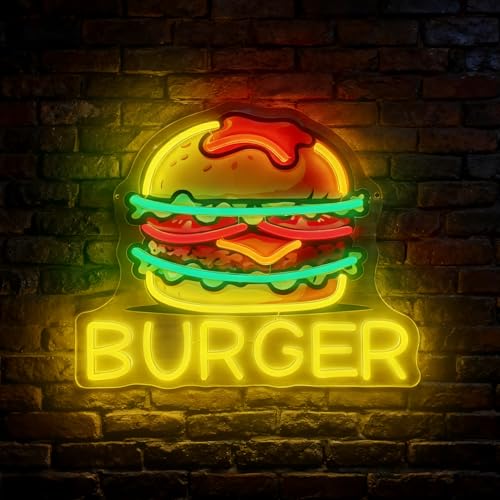 Burger Neon Sign, LED Hamburger Light Up Signs for Restaurant Snack Bar Fast Food Shop Food Truck Kitchen Man Cave Bedroom Party Wall Decor, USB Power and Dimmable - color: Burger