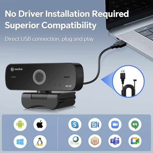 4K Webcam for PC with Dual Microphones, Autofocus USB Camera with Privacy Cover and Auto Light Correction, Plug and Play for Laptop, Mac, Zoom, Teams, Video Calls and Streaming - size: Without Tripod