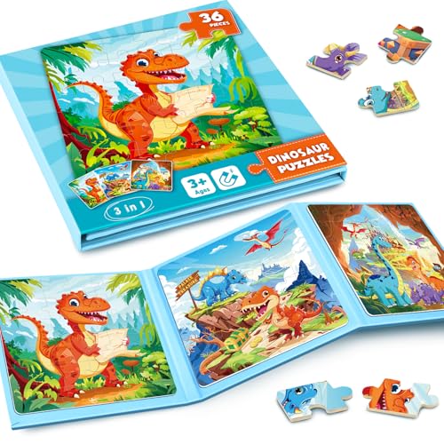 Magnetic Jigsaw Puzzles for Toddlers Kids 3-8 Boys,(3 36-Pieces) Travel Puzzles Toys for Kids Ages 4-6,Take-Along Car Airplane Road Trip Activities Game for 3 4 5 6 7 8 Year Old Birthday Gift - style: Dinosaur