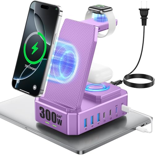 300W Charging Station for Multiple Devices Apple, Zutspzss 10 in 1 Wireless Charger for iPhone 16, GaN III USB C 65W PD Fast Charging Stand Dock for MacBook, Apple Watch&Airpods,Purple - color: Purple