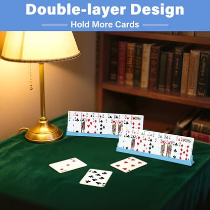 Set of 2 Playing Cards Holders for Seniors Adults – Multi-layer Curved Holders with Foldable Stand for Playing Cards Game Bridge Canasta Strategy Foot and Hand UNO, 2 Blue, for Holidays Game Nights