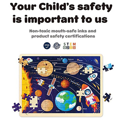 Solar System Wooden Puzzles for Kids Ages 3-5, Space Puzzle 100 Piece Puzzles for Kids Ages 4-6-8-10 with Unique Pieces, Preschool Toddler Jigsaw Puzzle with Tray - style: 100 Piece