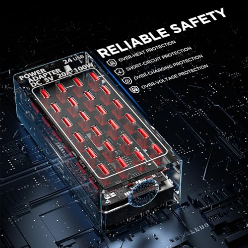 24-Port 100 watt (20 A) Charging Station for Multiple Devices, Phone Charging Station with Rapid Charging, Multiple USB Charger Station for Hotels, Schools, Shops, Shopping Malls and Travel