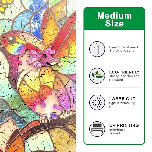Hartmaze Stained Glass Hummingbird Wooden Puzzle, 178 Intricate Irregular Pieces, 11.2x11.2 Inch, Exquisite Wooden Gift Box – Vibrant Mosaic Art Jigsaw for Adults & Kids 8+ - color: Stained Glass and Hummingbird