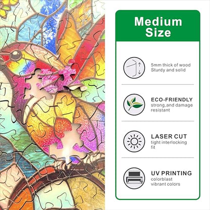 Hartmaze Stained Glass Hummingbird Wooden Puzzle, 178 Intricate Irregular Pieces, 11.2x11.2 Inch, Exquisite Wooden Gift Box – Vibrant Mosaic Art Jigsaw for Adults & Kids 8+ - color: Stained Glass and Hummingbird