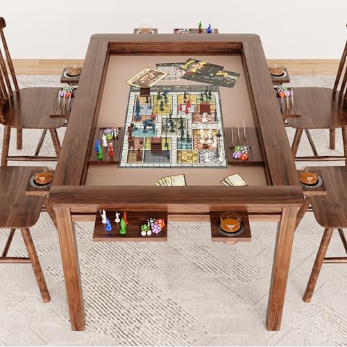 Board Game Table with Removable Table Top, 54” x 31” Play Area, Gaming and Dining Table with EVA Play Mat, Detachable Cup Holders and Trays for 6 Players, for Card, DND and Poker, Walnut - size: REC Table