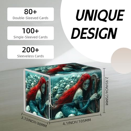 Trading Card Storage Box, Holds 100+ for MTG Cards, PU Leather with Magnetic Closure, Red Haired Mermaid with Harp and Skulls Durable Deck Box for Magic the Gathering, Trading Card Games - color: Red Haired Mermaid with Harp and Skulls
