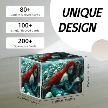 Trading Card Storage Box, Holds 100+ for MTG Cards, PU Leather with Magnetic Closure, Red Haired Mermaid with Harp and Skulls Durable Deck Box for Magic the Gathering, Trading Card Games - color: Red Haired Mermaid with Harp and Skulls