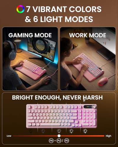 EWEADN Wired Keyboard and Mouse Combo with Detachable Wrist Rest, Quiet Ergonomic Keyboard Mouse Set with Multimedia Knob, RGB Backlit, Double-Shot Keycaps Natural Typing for Laptop, PC - Pink - color: Pink
