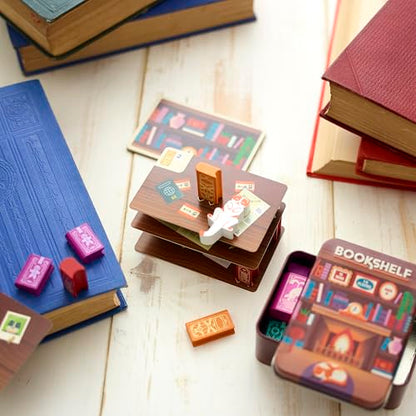 Alley Cat Games Bookshelf, Ages 8+, 2-4 Players | Cooperative Stacking Game, Skill & Balance Card and Book Tower Game in Travel Tin, Cooperative Tabletop Challenge