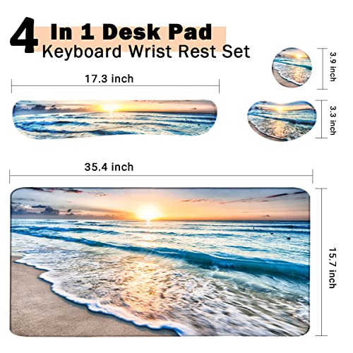 4-in-1 Large Gaming Mouse Pad, Keyboard Wrist Rest Pad & Wrist Support Mousepad Set, Extended Desk Pad Waterproof Desk Mat for Home Office Study Game-Beach - color: Beach