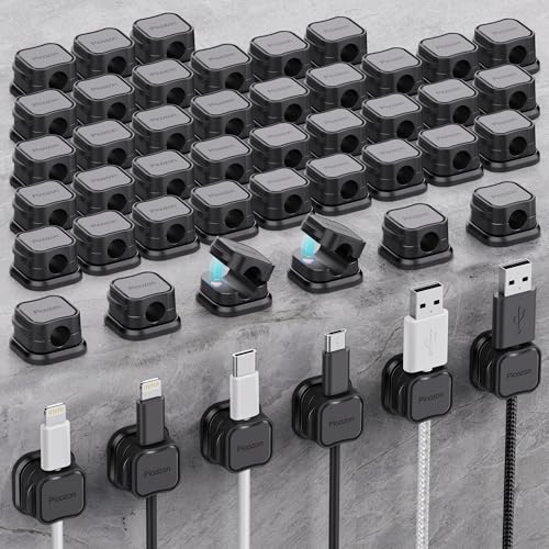 48 Pack Magnetic Cable Clip Organizer Cord Holder, Picozon Adhesive Cable Management, Wire Phone USB Charger Cable Holder, Keeper Organizer for Office Home Desktop Table - Black - size: Pack of 48