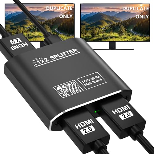 HDMI Splitter 1 in 2 Out, HDMI 2.0b 18Gbps 4K@60Hz HDR10 HDCP 2.2,Splitter for Dual Monitors Support EDID Management, for Laptops/Fire Stick/PS5/Xbox/TV Box/Roku/PC/Monitor(1 Source to 2 Displays)