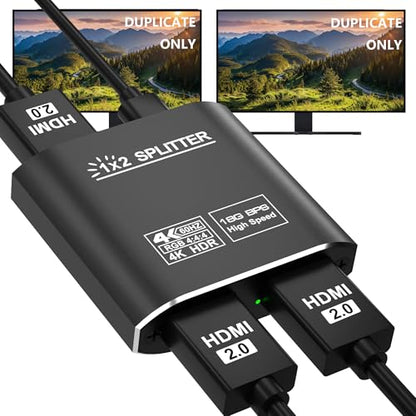 HDMI Splitter 1 in 2 Out, HDMI 2.0b 18Gbps 4K@60Hz HDR10 HDCP 2.2,Splitter for Dual Monitors Support EDID Management, for Laptops/Fire Stick/PS5/Xbox/TV Box/Roku/PC/Monitor(1 Source to 2 Displays)
