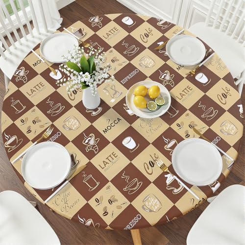 Smiry Round Picnic Tablecloth, Waterproof Elastic Fitted Table Covers for 36" - 44" Tables, Wipeable Flannel Backed Vinyl Tablecloths for Camping, Indoor, Outdoor, Coffee - color: Coffee, size: For Up to 36"-44" Round