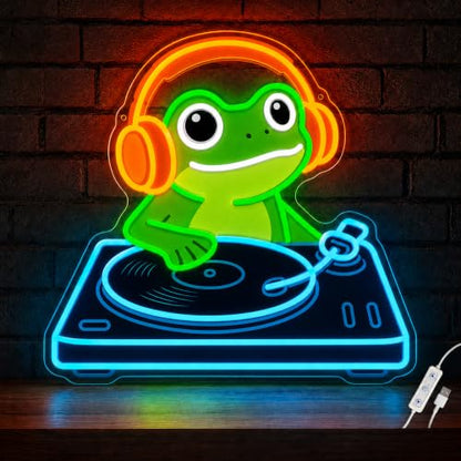 Frog DJ Neon Sign, Music Neon Signs for Wall Decor, Cute LED Light Up Sign for Bedroom, Game Room, Man Cave, Bar, Studio and Party Decor, USB Powered Dimmable Funny Wall Art Gift for DJ Music Lovers - style: DJ Frog