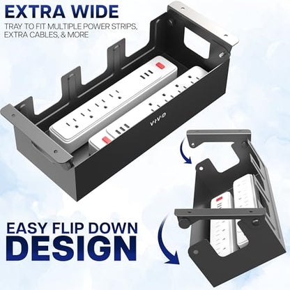 VIVO Flip-Open 16 inch Under Desk Cable Management Holder, Under Standing Desk Steel Cord and Power Strip Organizer, Black, Desk-ACCBM1