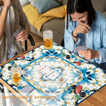UTELKA Blue Moroccan Mahjong Mat with Rules, Flroal Mahjong Mats Non-Slip Rubber Mahjong Table Cover Noise Reduction Game Pad Mah Jong Mats, Moroccan Accessories Supplies Card Games Gifts 31.5 Inch - color: Blue Flroal