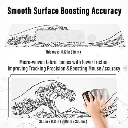 Ovenbird Gaming Mouse Pad with Stitched Edges, Japanese Wave White Extended XL Mousepad with Anti-Slip Base, Cool Large Mouse Pad for Desk, 31.5 x 11.8 in, White - color: Minimal Wave, size: Extended