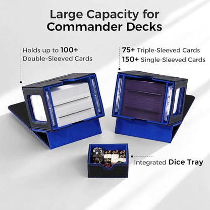 MTG Commander Deck Box with Dual Display Windows and Dice Tray | Fits 100 Double-Sleeved Cards, PU Leather, 2 Magnetic Card Holders, 2 Dividers, Black & Blue - color: 2. Black & Blue