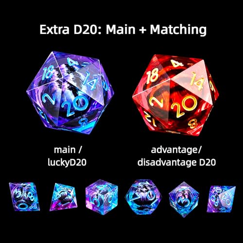 DND Dice Set 8PCS with Extra D20-Beholder's Eye Dragon Eye Liquid Core Sharp Edge Handmade Polyhedral Resin 2×D20 D4 D6 D8 D10 D12 D10% Dungeons Dragons Tabletop RPG - color: 8pcs-purple Blue