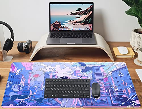 Anime Kawaii Desk Mat Mousepad Cute Japanese Large Gaming Mouse Pad XXL, Pastel Aesthetic Purple Blue Laptop Keyboard Mouse Mat, Magical Fantasy City Girl Gamer Computer Desktop Mat 31.5x15.75 in - color: Blue Purple City Boy