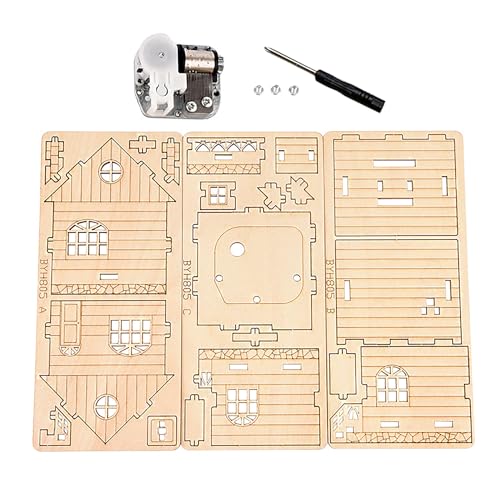 Wind-Up Music Box Log Cabin 3D Wooden Puzzle Building Model Kit | Laser-cut eco wood decor gift for teens & adults 14+, clockwork drive design, mostly glue-free music house assembly craft