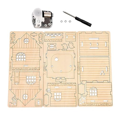 Wind-Up Music Box Log Cabin 3D Wooden Puzzle Building Model Kit | Laser-cut eco wood decor gift for teens & adults 14+, clockwork drive design, mostly glue-free music house assembly craft