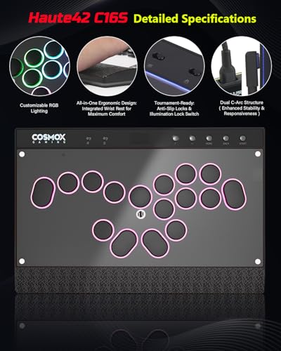 JZW-Shop Leverless Aracde Stick C16S, All-Button Arcade Controller for Switch, PC, PS4, PS3, Steam Deck, Arcade Fight Stick with Turbo & Custom RGB, Supports Hot-Swap & SOCD