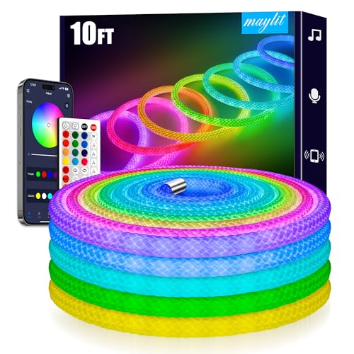 maylit 10 Ft ICRGB Reticulate Weave Rope Lights | 360° Luminous Usb-powered Lights with Music Sync and DIY Effects for Gaming Rooms and Bedrooms
