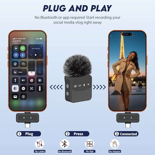 Wireless Lavalier Microphone for iPhone Android Mini Mic with Charging Case | Auto pairing clip-on mini mic, noise reduction, windproof net, works with laptops, for video recording and vlogging