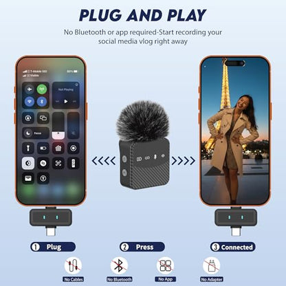 Wireless Lavalier Microphone for iPhone Android Mini Mic with Charging Case | Auto pairing clip-on mini mic, noise reduction, windproof net, works with laptops, for video recording and vlogging