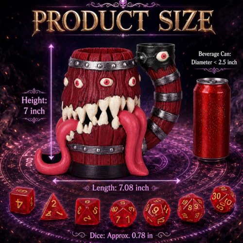 Dice Tower Mug, Dice Rolling Tower, Comes with 7 PCS Dice Set, Suitable for DND Dungeons and Dragons, Tabletop Games, Available As Drink Holder, D&D Gifts, DND Accessories (Wine-red Tongue) - color: Wine-red Tongue