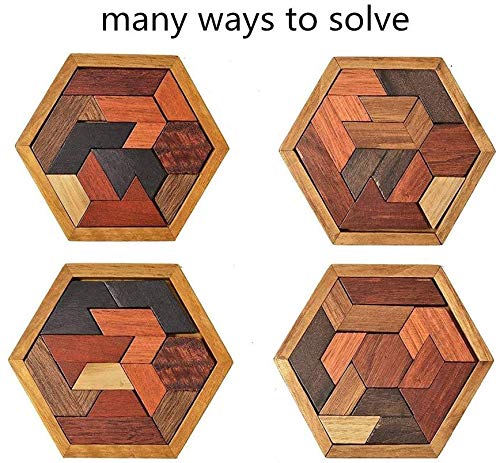 KINGZHUO Hexagon Tangram Puzzle Wooden Puzzle for Children and Adults Challenging Puzzles Wooden Brain Teasers Puzzle for Adults Puzzles Games Family Portable Brain Games Tangrams for Adults